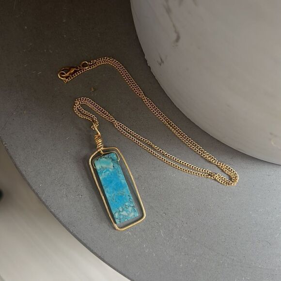 Turquoise Pendant Necklace Gold Wrap Long Chain 18" - Picture 3 of 3